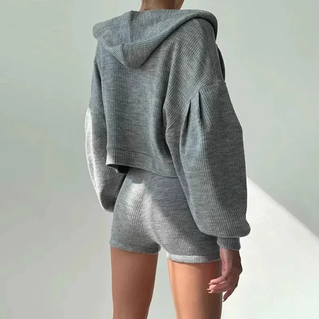 Alo Matching Sets Ribbed three-piece zip hoodie, wrap bra and shorts set product detail image 7