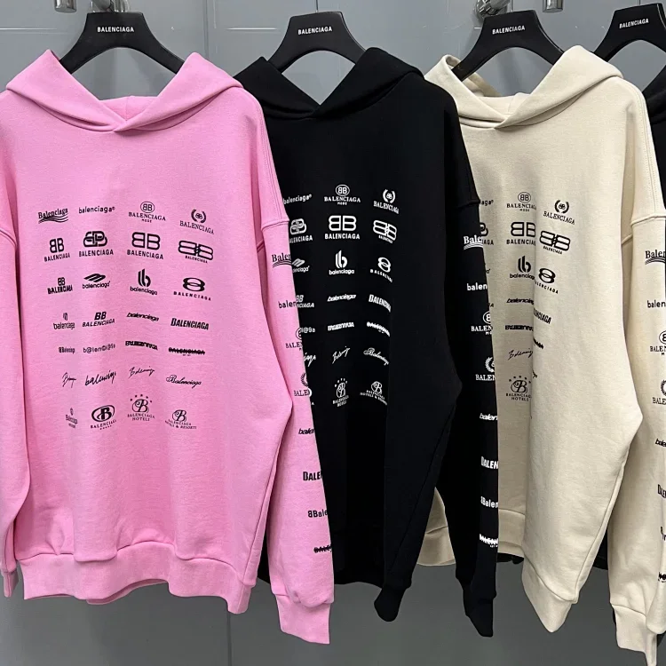 Balenciaga Pink Black and Beige Hoodies with Logo Print