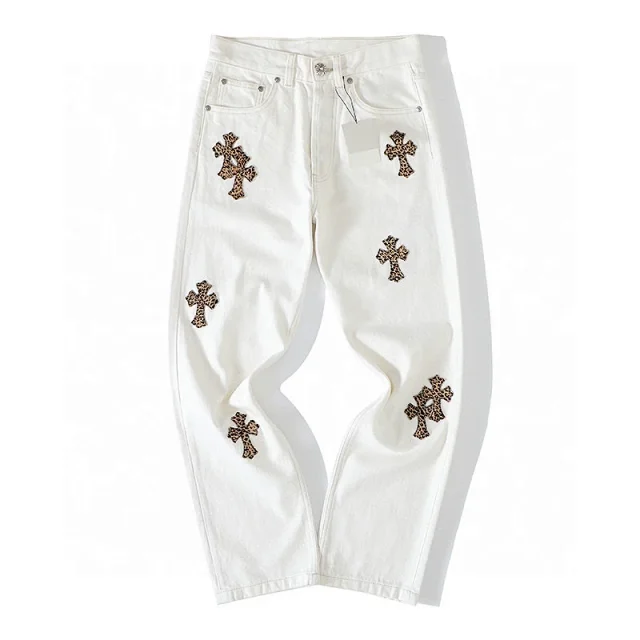 White Cross-Embroidered Jeans [1 style]