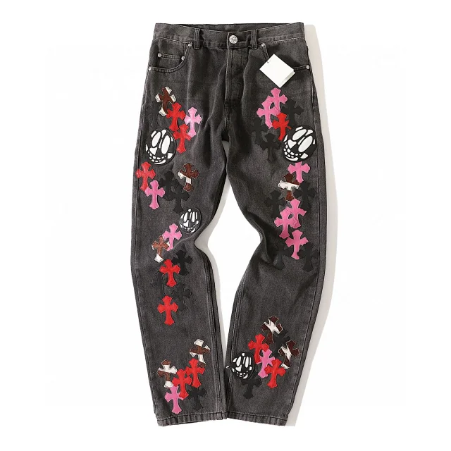 Cross Skull Embroidered Denim Pants [1 style]