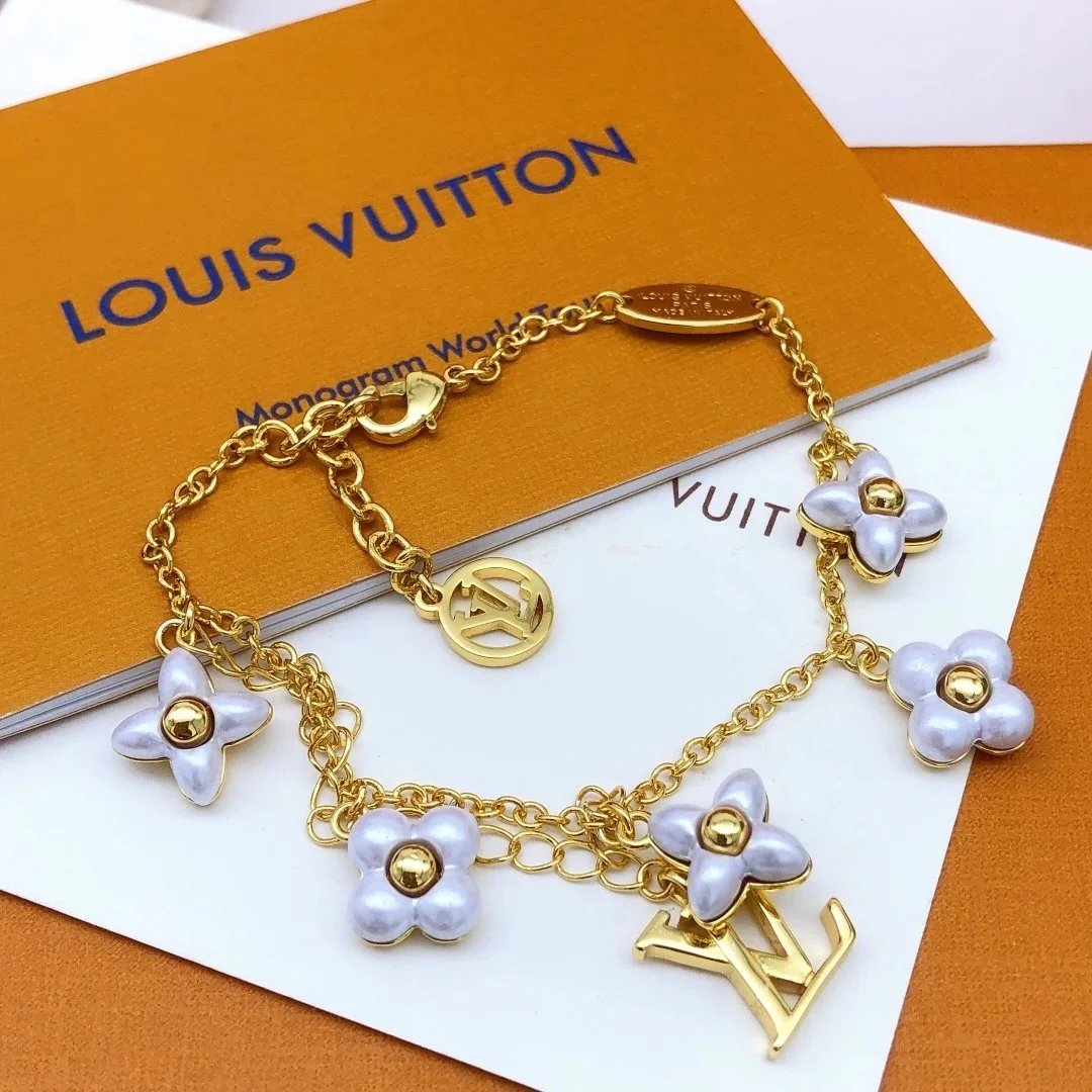 Louis Vuitton Monogram World Tour Flower Charm Bracelet Gold Jewelry - 4