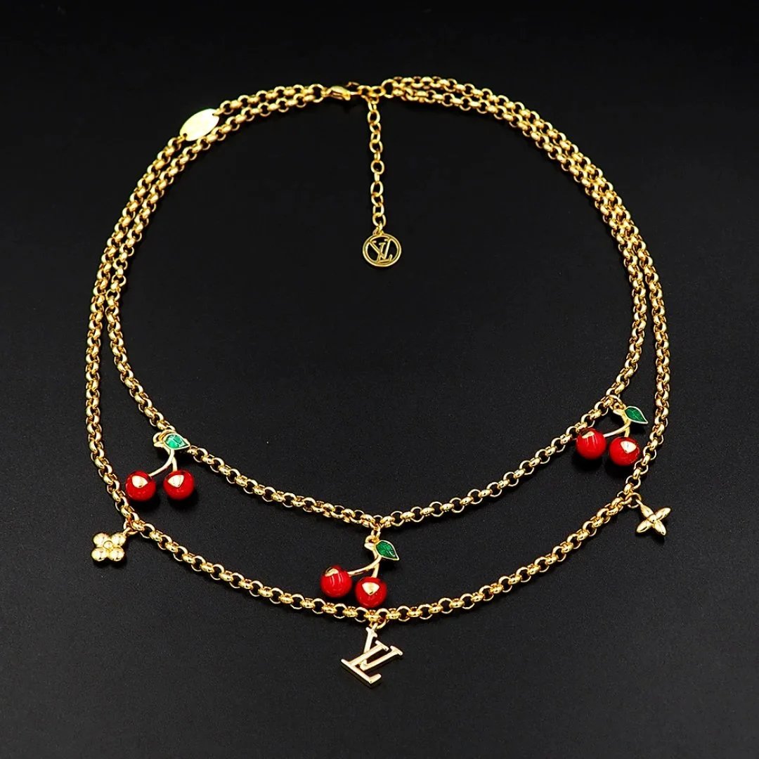 Louis Vuitton Cherry Charm Gold Chain Necklace Jewelry - 5