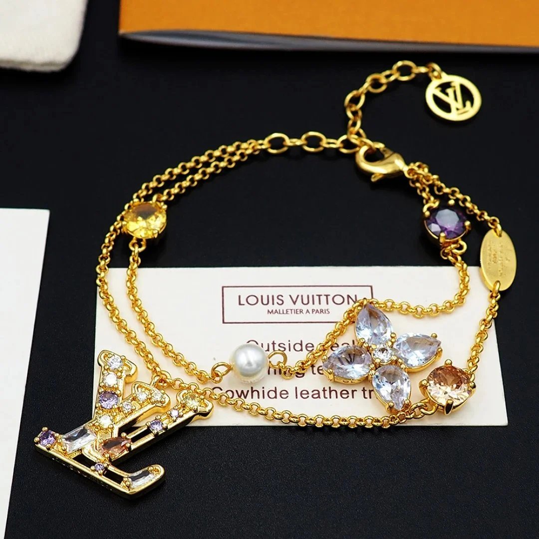 Louis Vuitton Monogram World Tour Gold-Tone Bracelet with Gemstones and Pearl Jewelry - 2