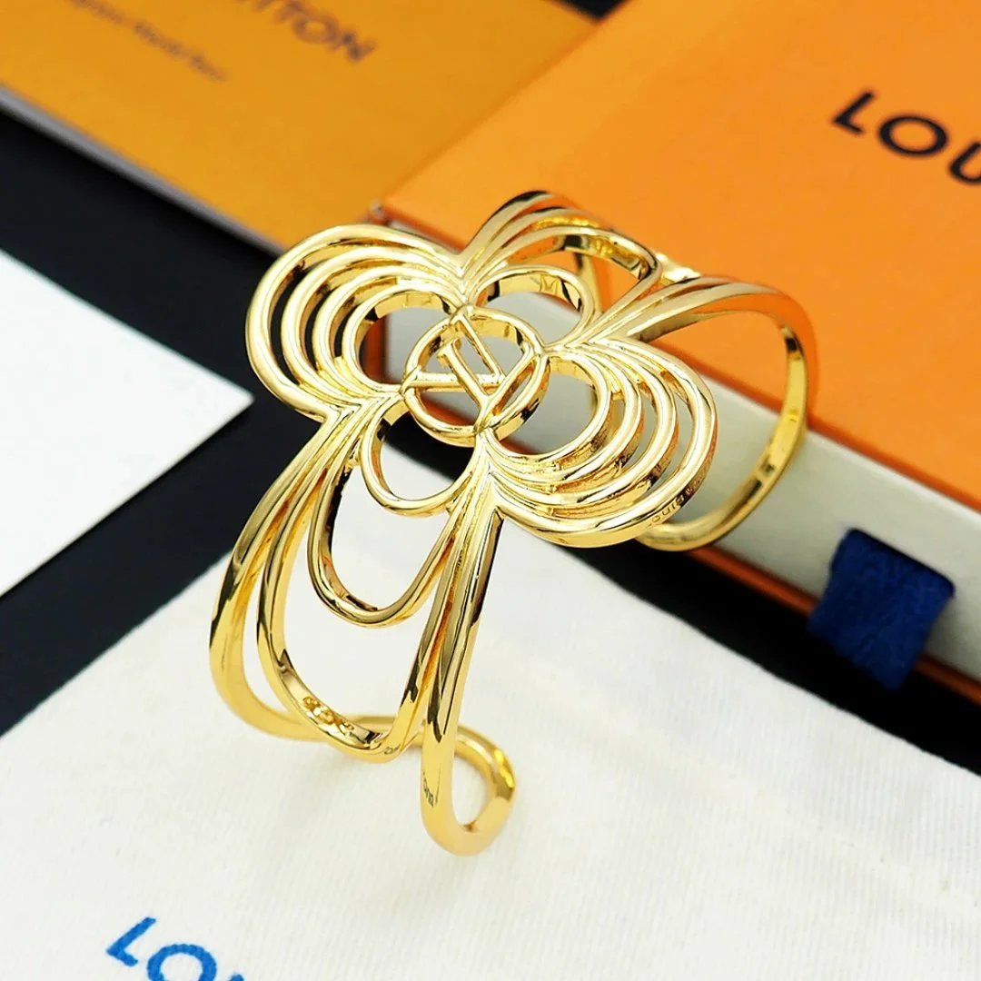 Louis Vuitton Monogram Flower Cuff Bracelet Gold and Silver Jewelry - 4