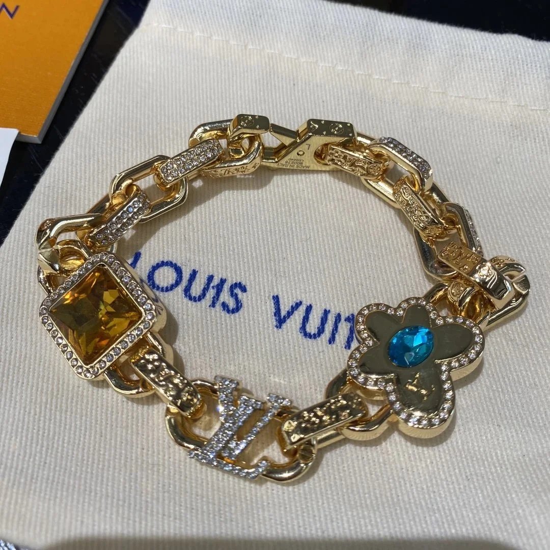 Louis Vuitton Monogram Chain Bracelet Gold Yellow Blue Crystal Bracelet Jewelry - 4
