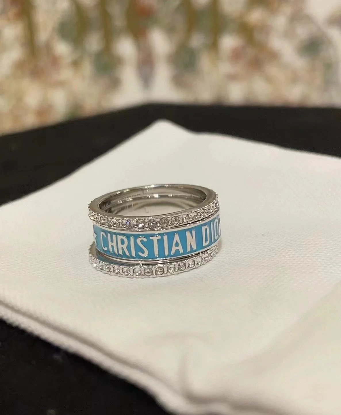 Dior CD Ring Set Blue Enamel and Pave Diamond Rings Jewelry - 3