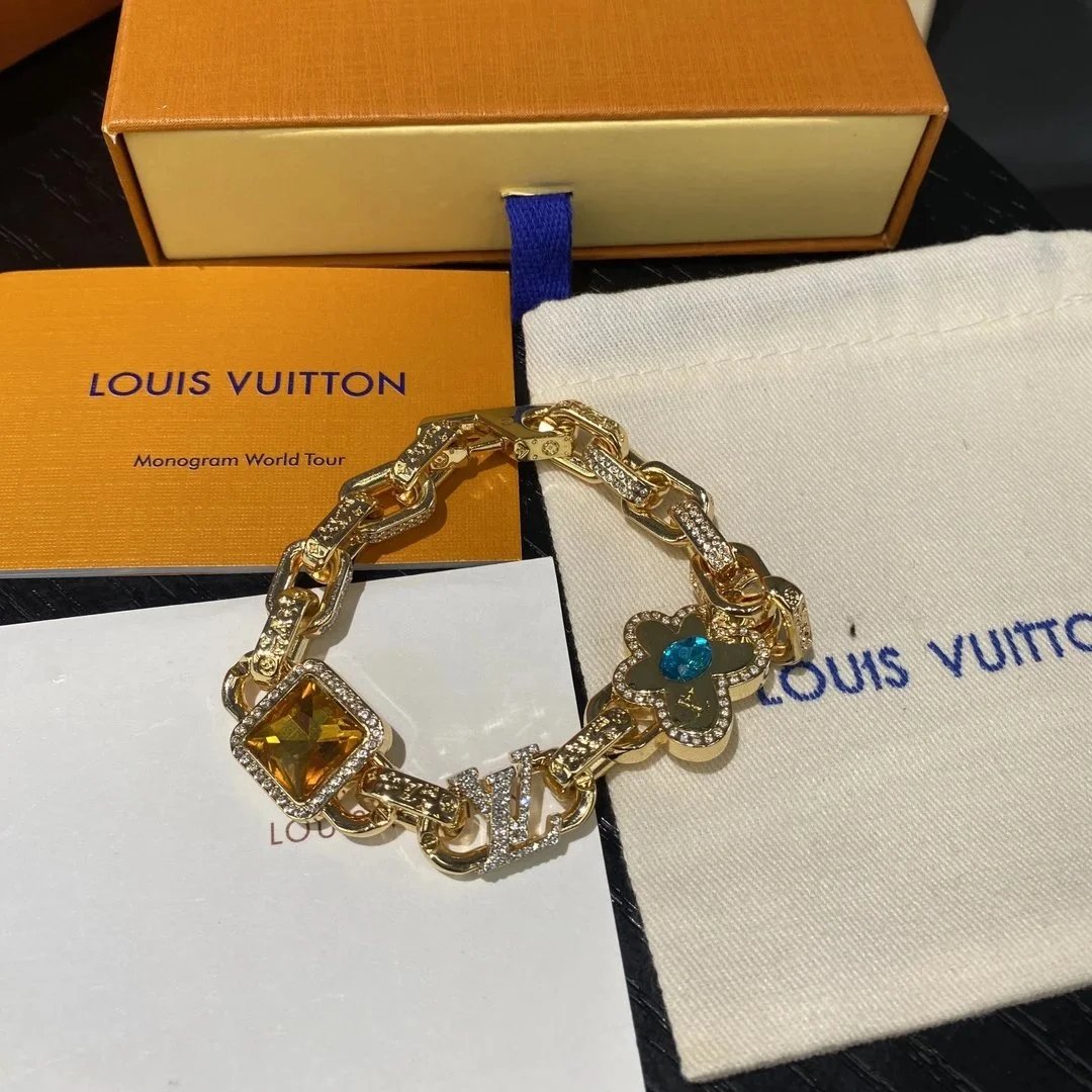 Louis Vuitton Monogram Chain Bracelet Gold Yellow Blue Crystal Bracelet Jewelry - 3