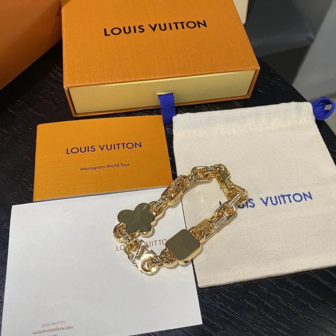 Louis Vuitton Monogram Chain Bracelet Gold Yellow Blue Crystal Bracelet Jewelry - 5