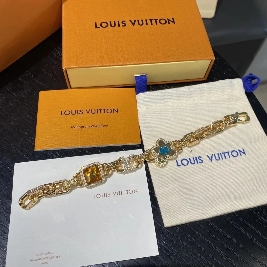 Louis Vuitton Monogram Chain Bracelet Gold Yellow Blue Crystal Bracelet Jewelry - 7