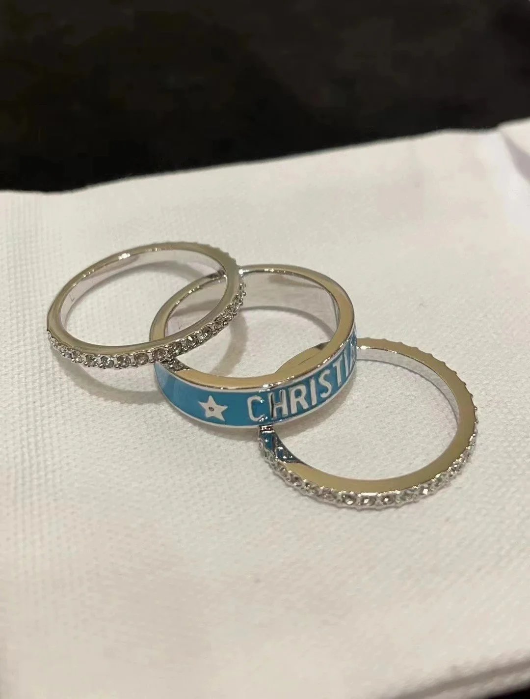 Dior CD Ring Set Blue Enamel and Pave Diamond Rings Jewelry - 2
