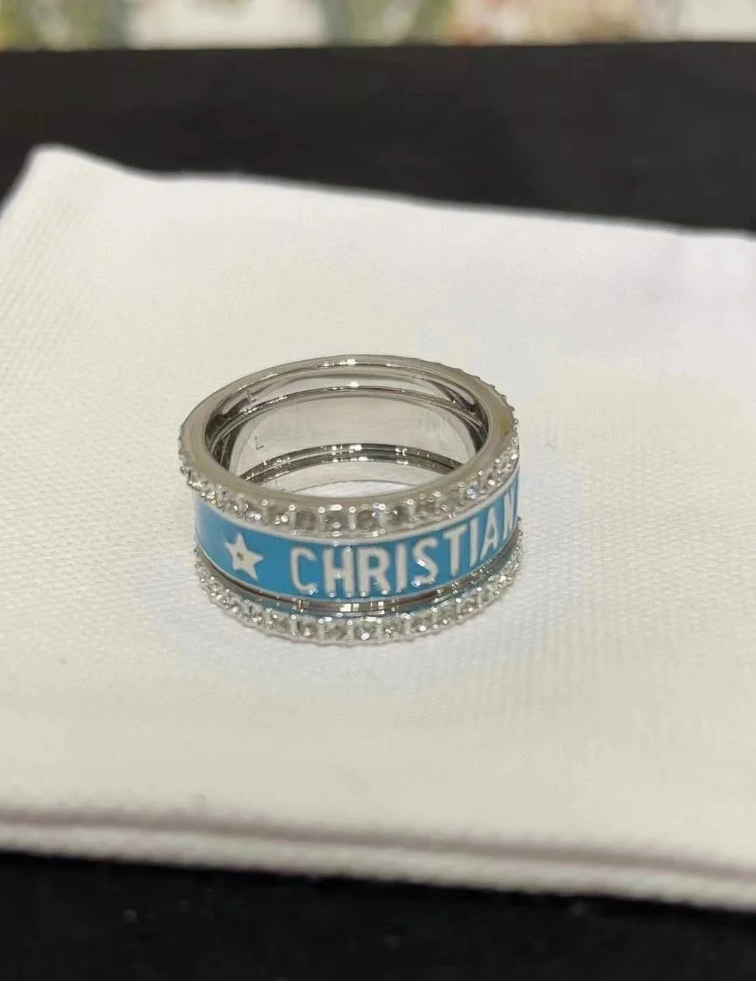 Dior CD Ring Set Blue Enamel and Pave Diamond Rings Jewelry - 4