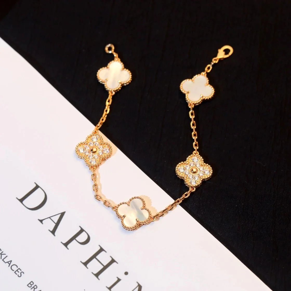 Design Four-Leaf Clover Charm Bracelet Gold-Tone with Mother-of-Pearl and Cubic Zirconia Jewelry - 5