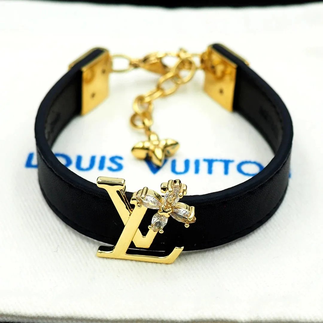 Louis Vuitton LV Flower Embellished Black Leather Bracelet Jewelry - 4