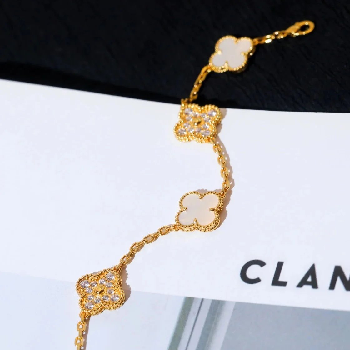 Design Four-Leaf Clover Charm Bracelet Gold-Tone with Mother-of-Pearl and Cubic Zirconia Jewelry - 2