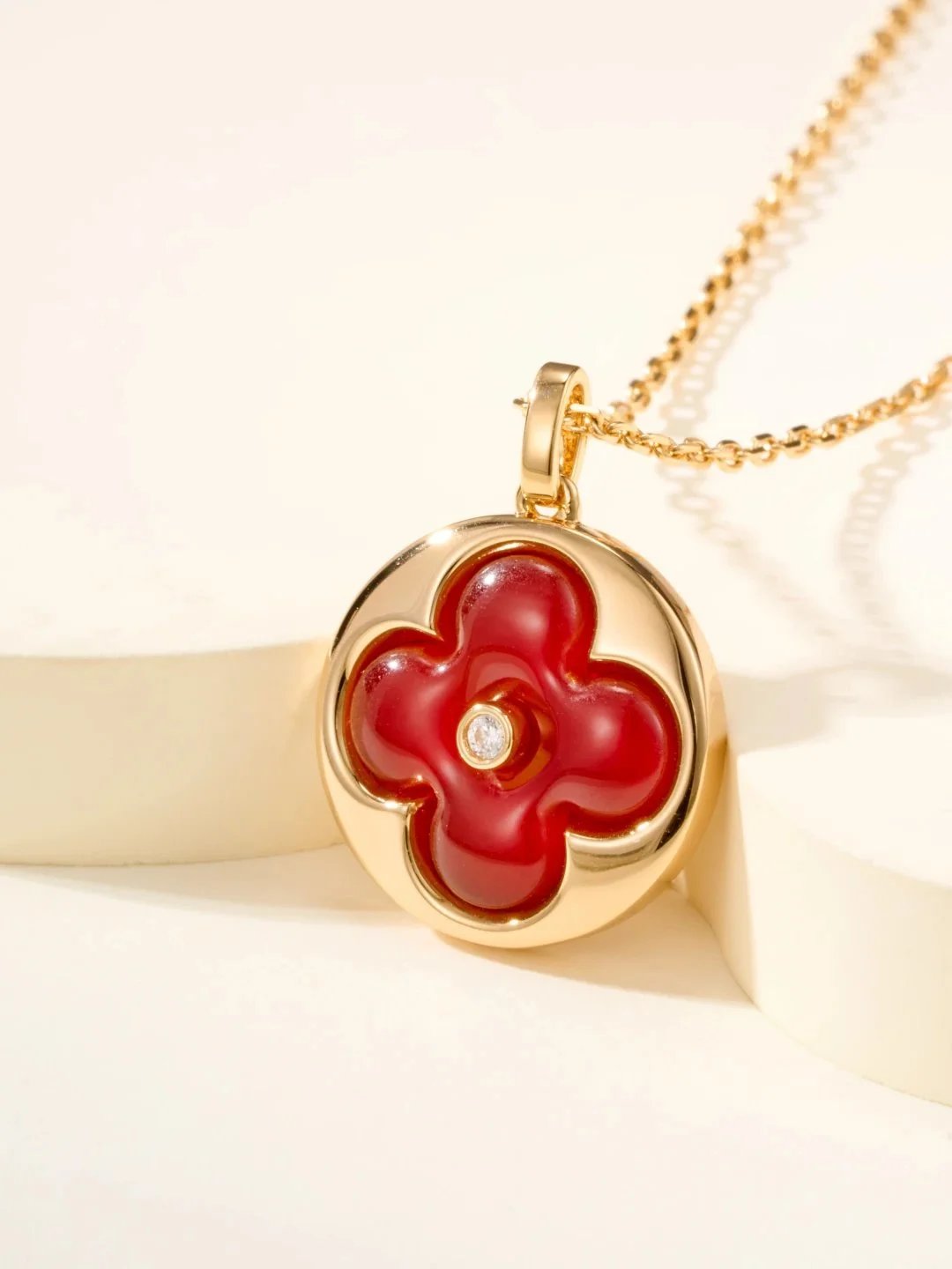 Louis Vuitton Monogram Flower Pendant Necklace Red Gold Jewelry - 10