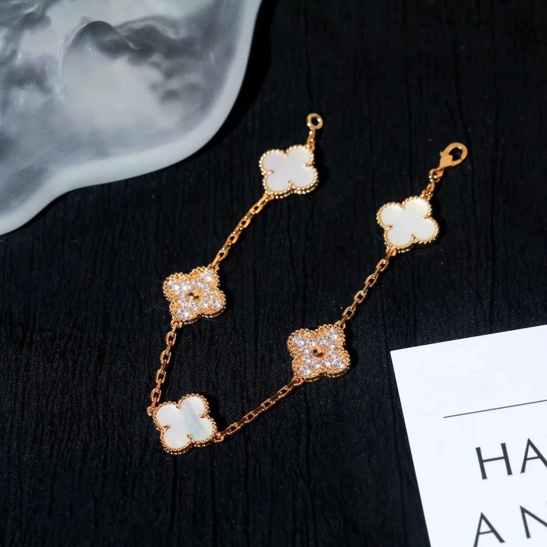 Design Four-Leaf Clover Charm Bracelet Gold-Tone with Mother-of-Pearl and Cubic Zirconia Jewelry - 6