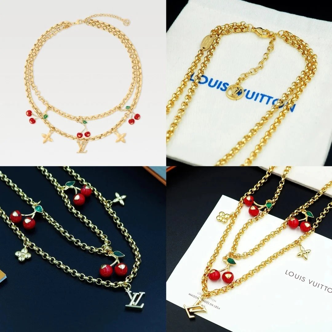 Louis Vuitton Cherry Charm Gold Chain Necklace Jewelry - 7