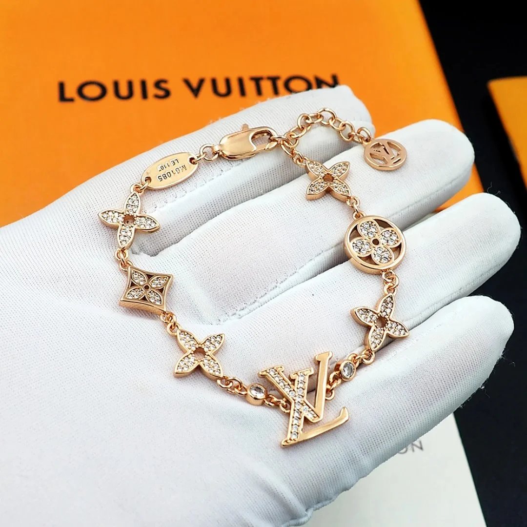 Louis Vuitton Monogram Flower Charm Bracelet Gold-Tone Crystal-Embellished Bracelet Jewelry - 4