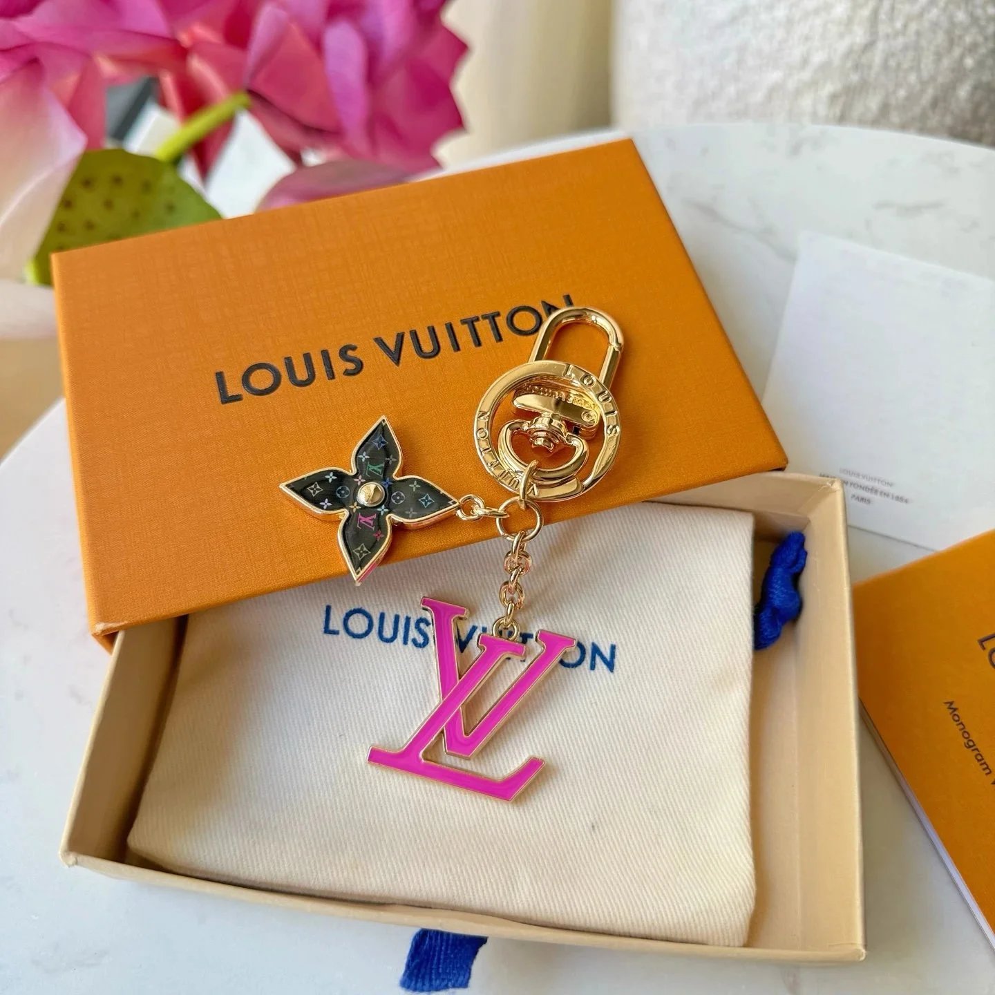 Louis Vuitton LV Flower Keychain Pink Enamel Accessories - 2