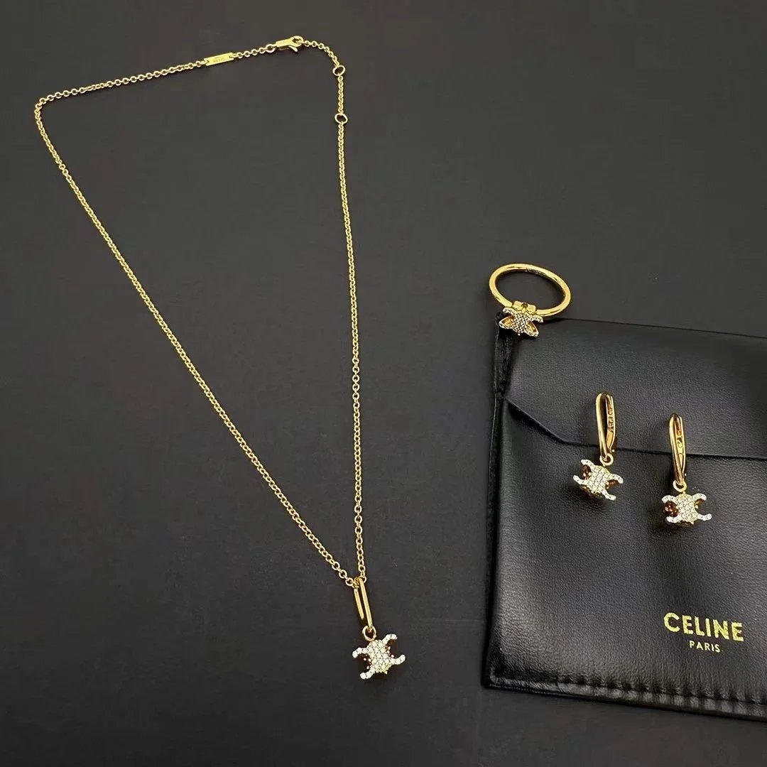 Celine Triomphe Logo Necklace and Earrings Set