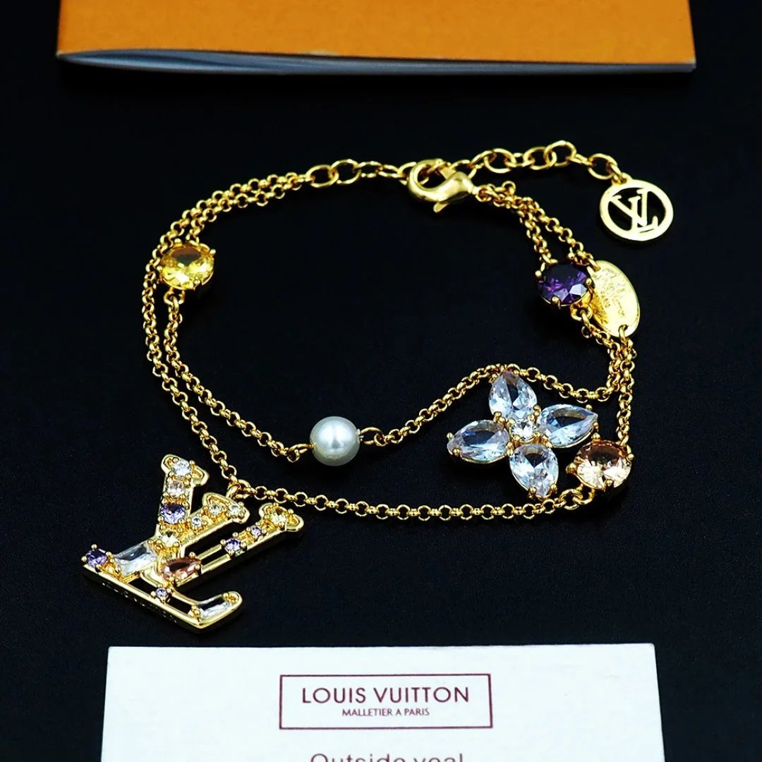 Louis Vuitton Monogram World Tour Gold-Tone Bracelet with Gemstones and Pearl Jewelry - 4