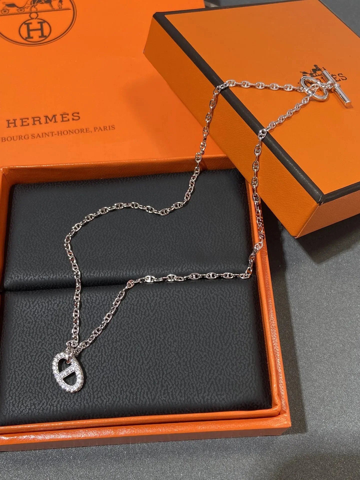 Hermes Pig Nose Diamond Pendant Necklace