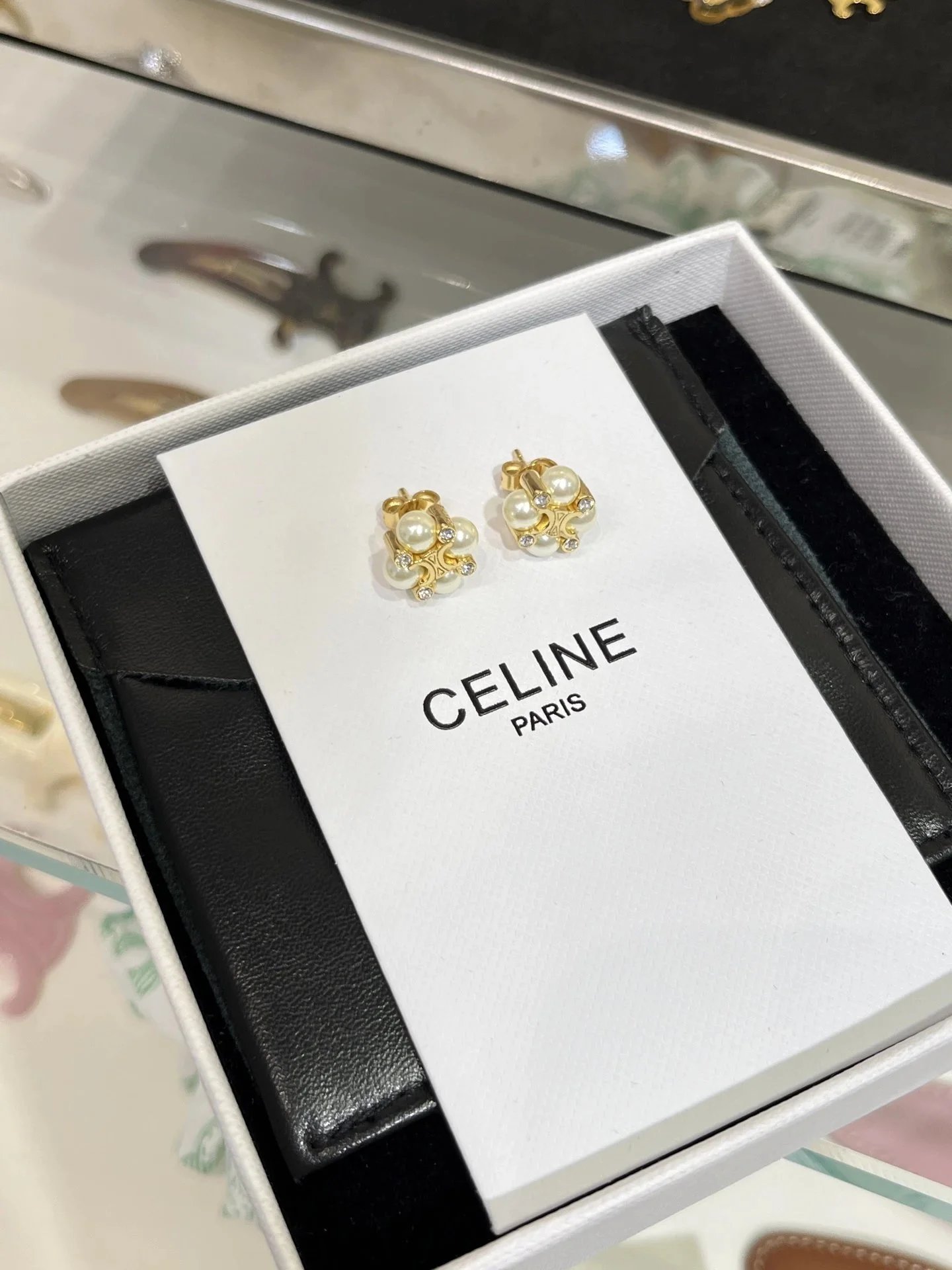 Celine Pearl Gold Bow Earrings