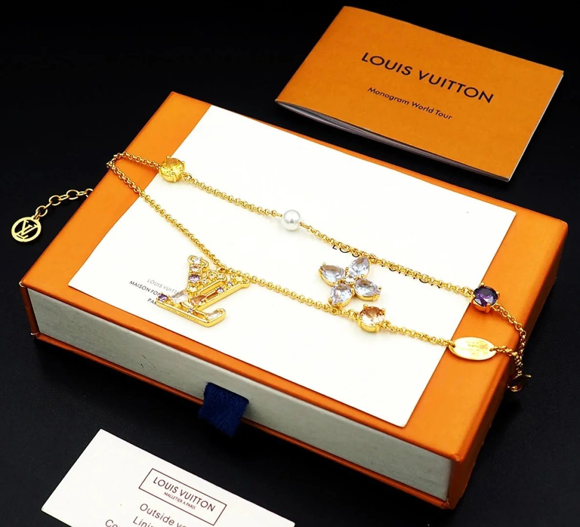 Louis Vuitton Monogram World Tour Gold-Tone Bracelet with Gemstones and Pearl Jewelry - 5