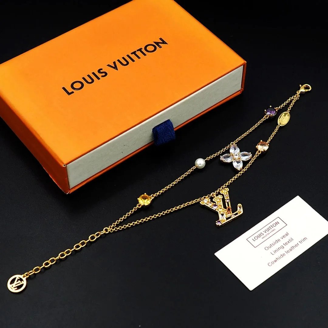 Louis Vuitton Monogram World Tour Gold-Tone Bracelet with Gemstones and Pearl Jewelry - 3