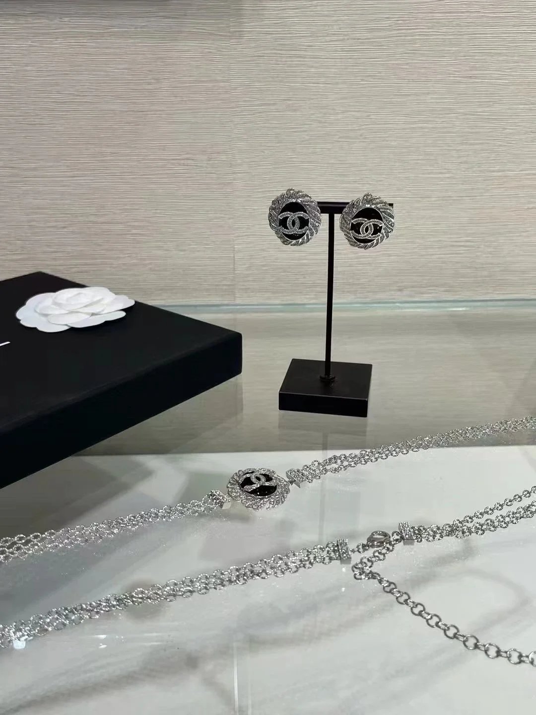 Chanel Camellia CC Earrings and Chain Necklace Set