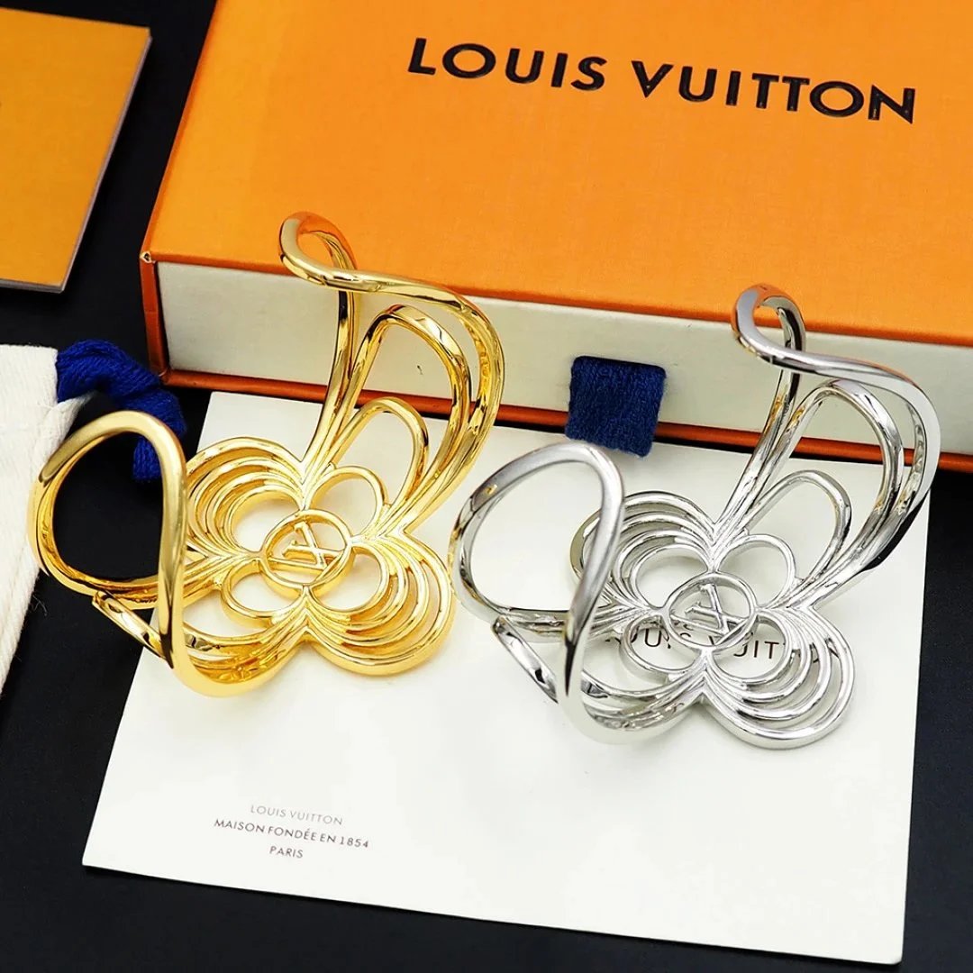 Louis Vuitton Monogram Flower Cuff Bracelet Gold and Silver Jewelry - 9