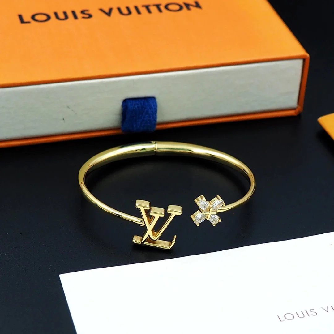 Louis Vuitton LV Initials Bangle Gold with Crystal Clover Bracelet Jewelry - 5