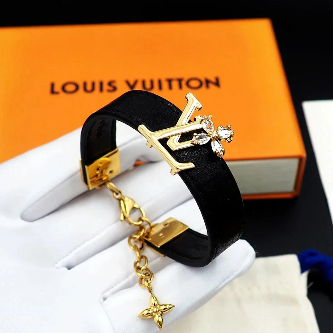 Louis Vuitton LV Flower Embellished Black Leather Bracelet Jewelry - 2