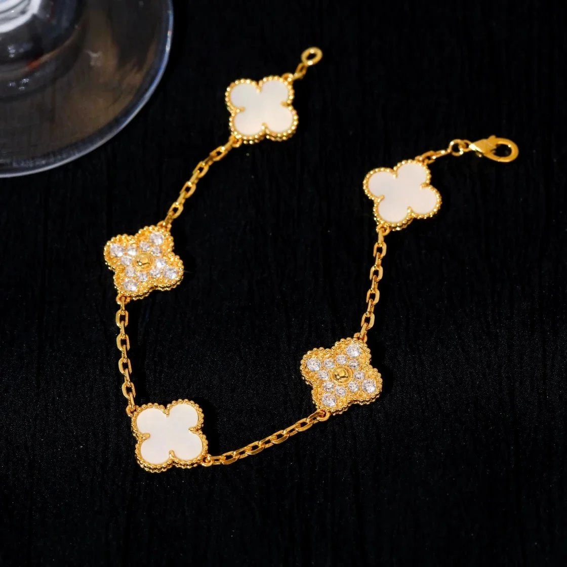 Design Four-Leaf Clover Charm Bracelet Gold-Tone with Mother-of-Pearl and Cubic Zirconia Jewelry - 3