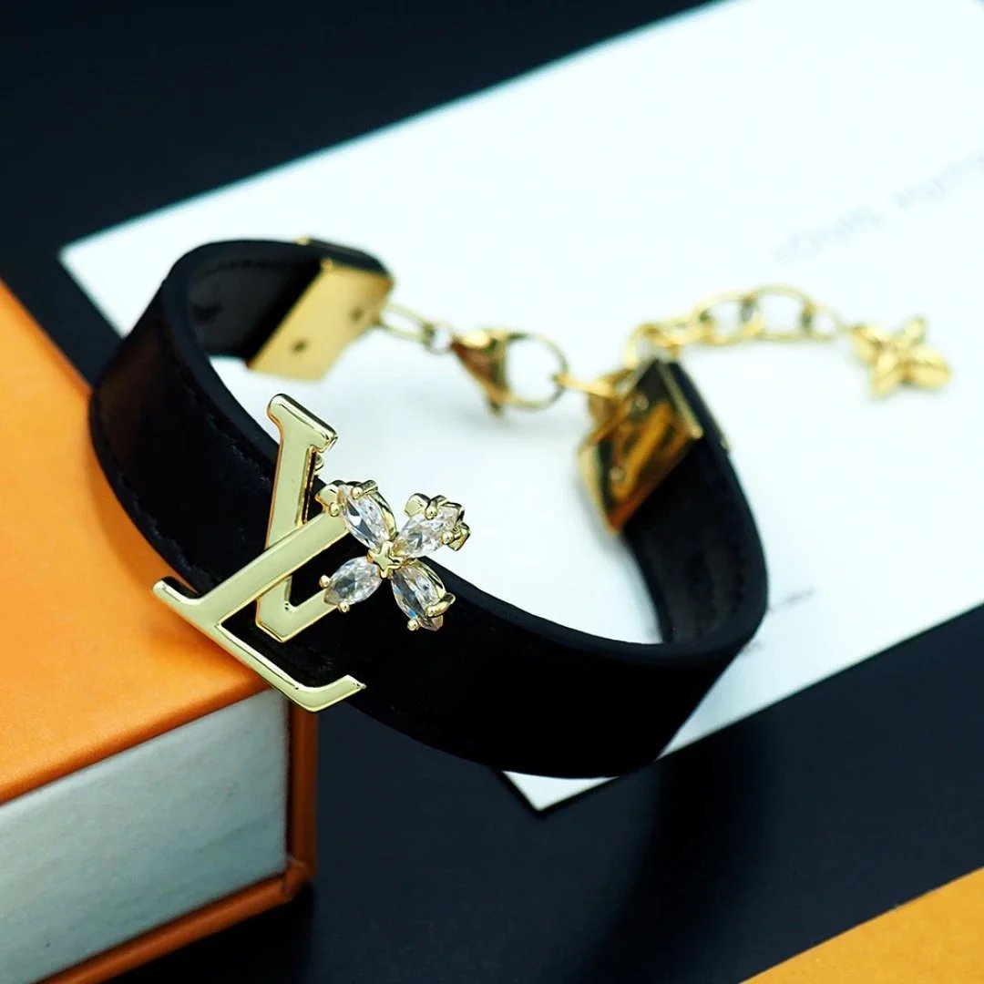 Louis Vuitton LV Flower Embellished Black Leather Bracelet Jewelry - 3