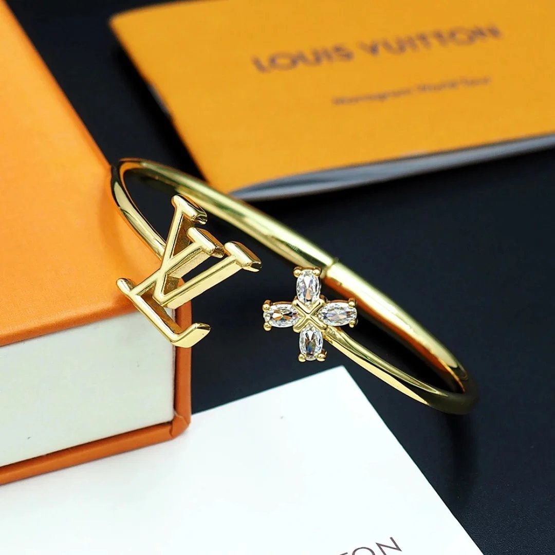 Louis Vuitton LV Initials Bangle Gold with Crystal Clover Bracelet Jewelry - 4