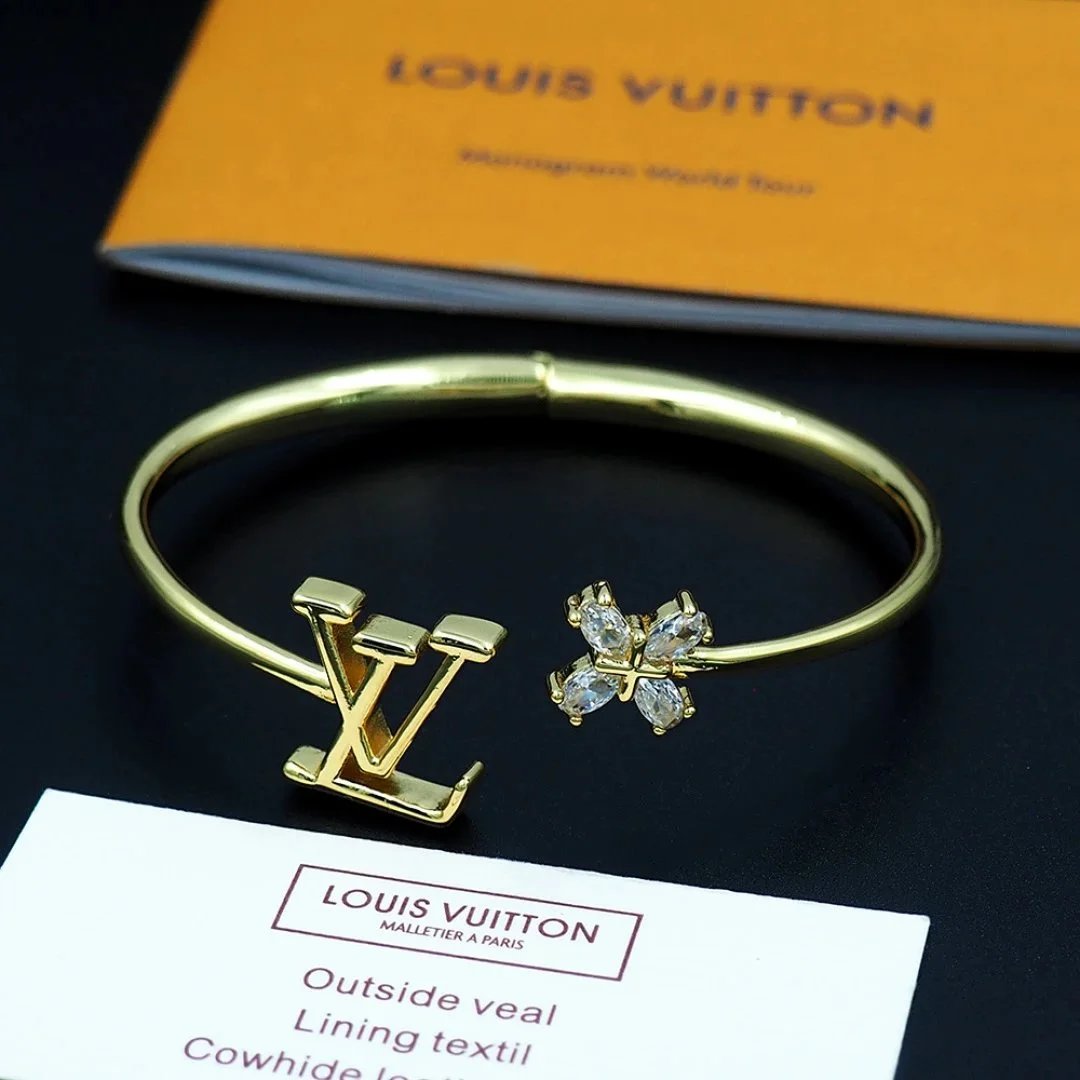 Louis Vuitton LV Initials Bangle Gold with Crystal Clover Bracelet Jewelry - 6