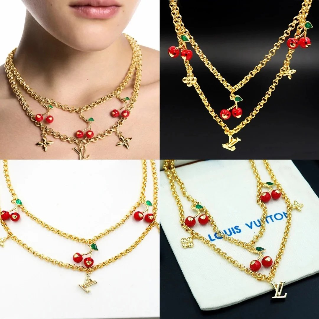 Louis Vuitton Cherry Charm Gold Chain Necklace Jewelry - 9