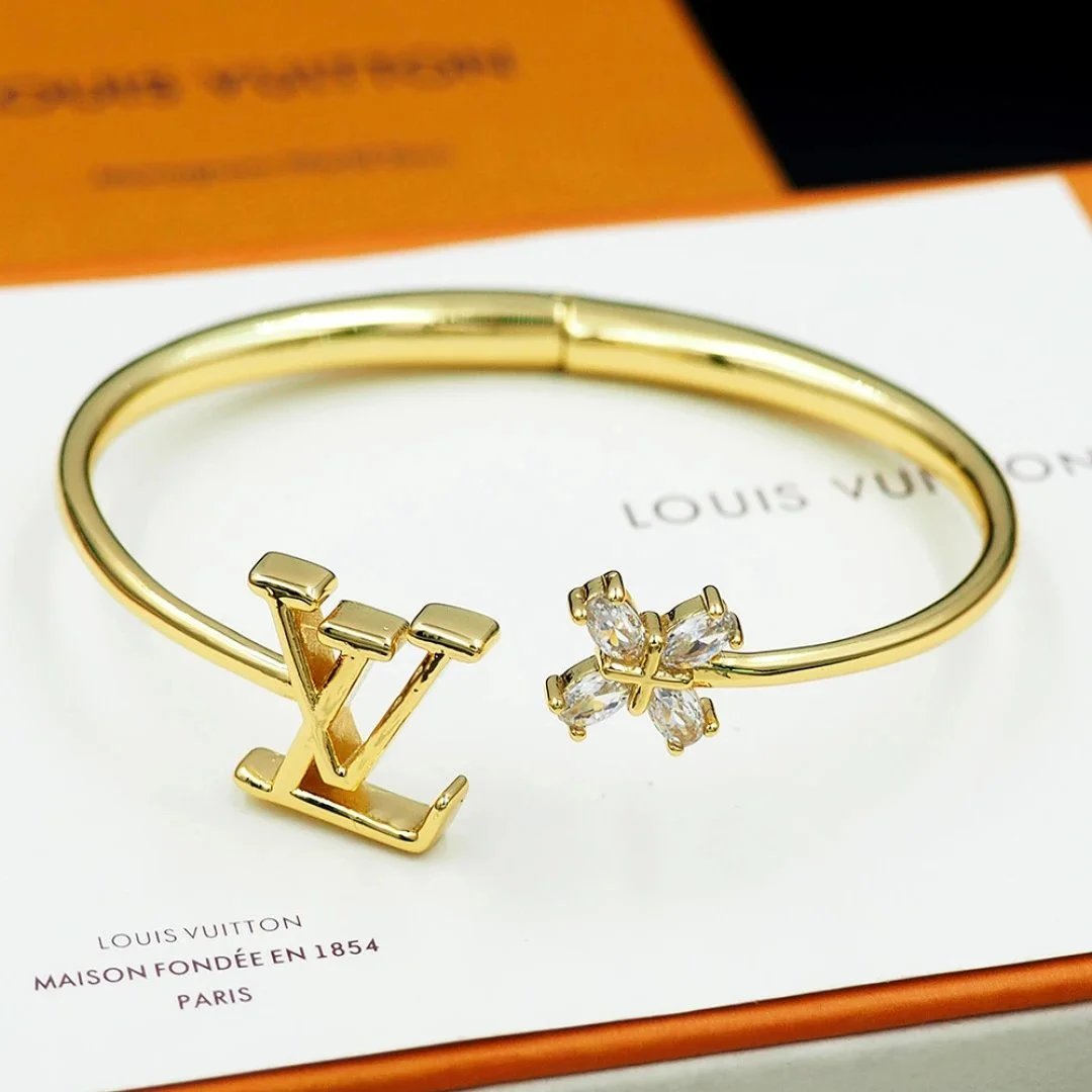 Louis Vuitton LV Initials Bangle Gold with Crystal Clover Bracelet Jewelry - 7
