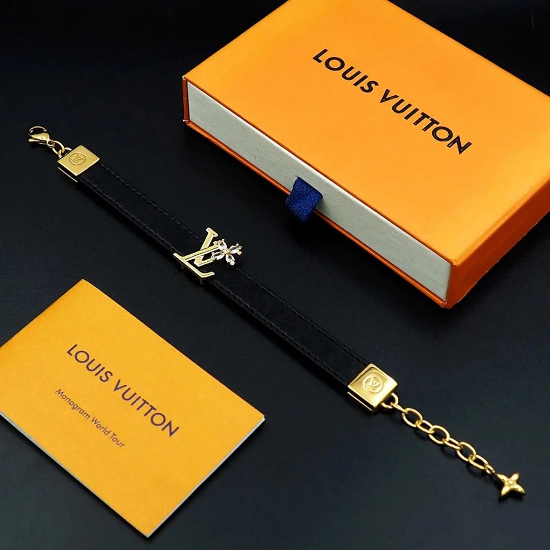 Louis Vuitton LV Flower Embellished Black Leather Bracelet Jewelry - 5