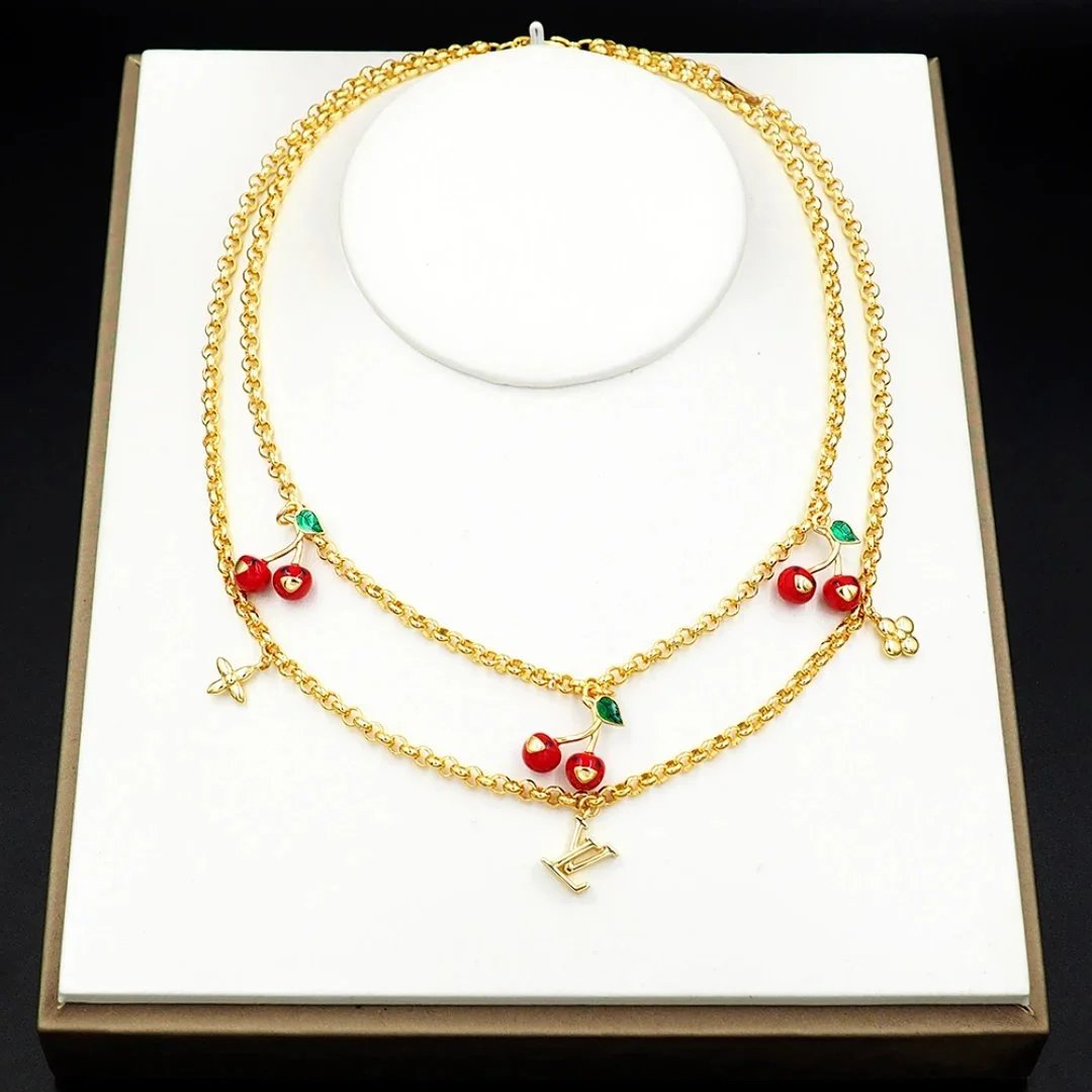 Louis Vuitton Cherry Charm Gold Chain Necklace Jewelry - 2