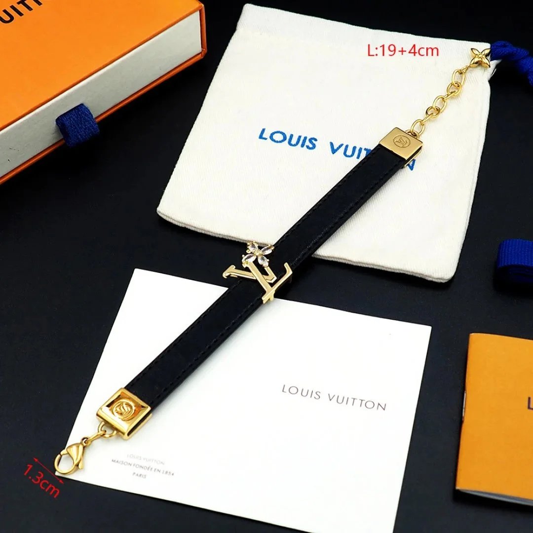 Louis Vuitton LV Flower Embellished Black Leather Bracelet Jewelry - 7