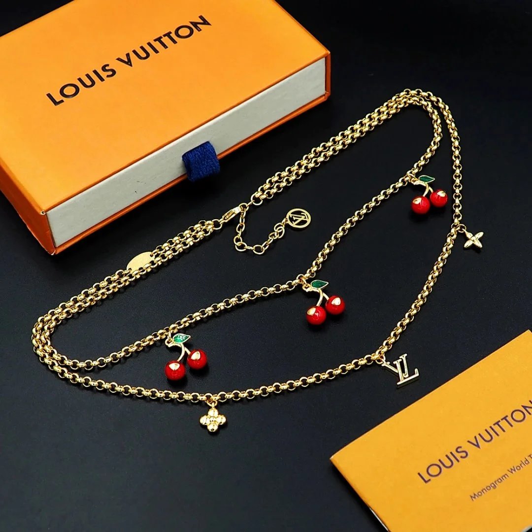 Louis Vuitton Cherry Charm Gold Chain Necklace Jewelry - 4