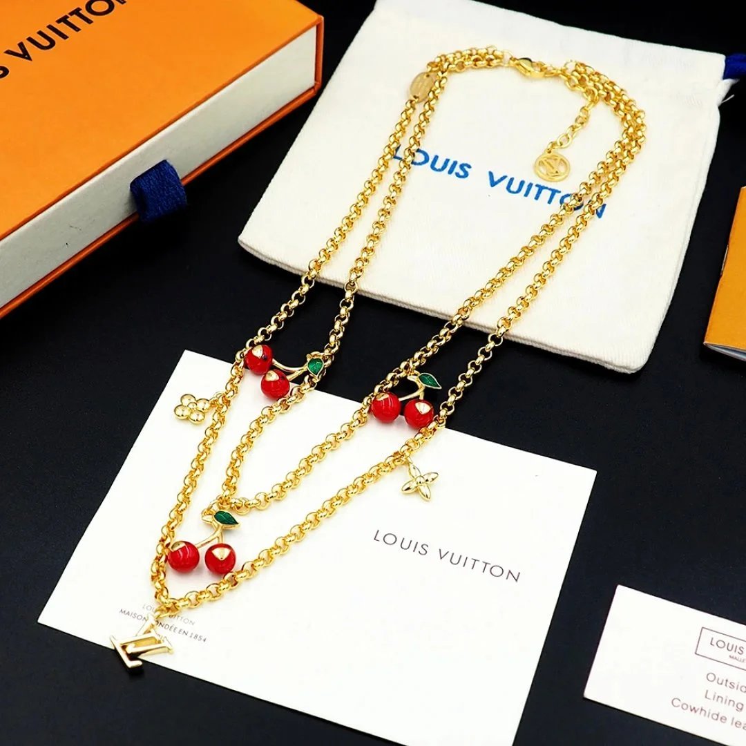 Louis Vuitton Cherry Charm Gold Chain Necklace Jewelry - 3