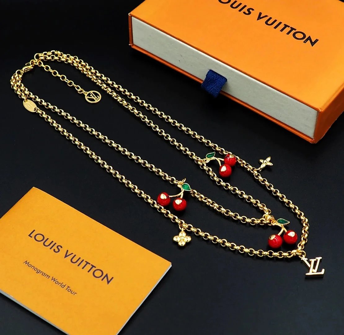 Louis Vuitton Cherry Charm Gold Chain Necklace Jewelry - 6