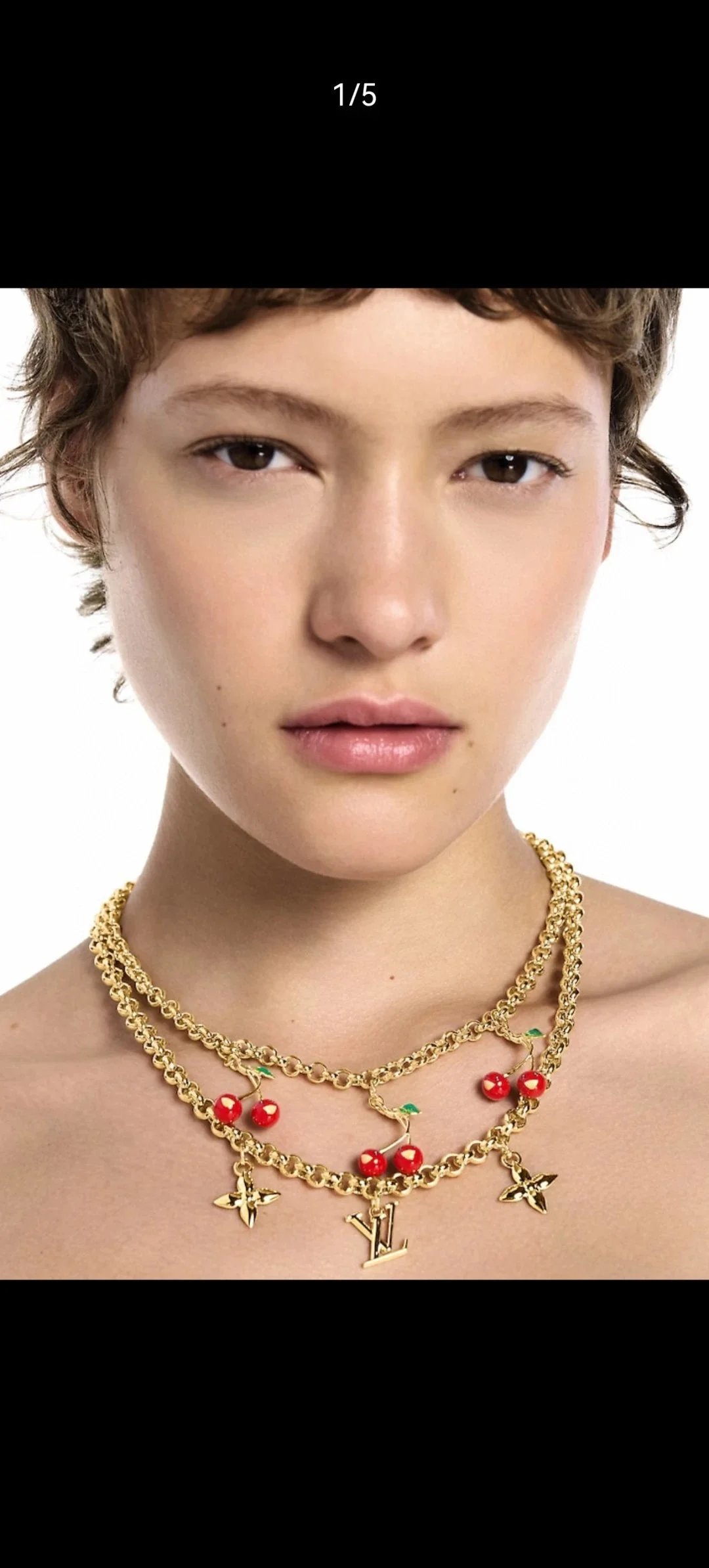 Louis Vuitton Cherry Charm Gold Chain Necklace Jewelry - 8