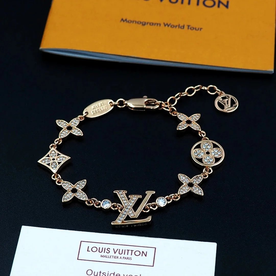Louis Vuitton Monogram Flower Charm Bracelet Gold-Tone Crystal-Embellished Bracelet Jewelry - 6