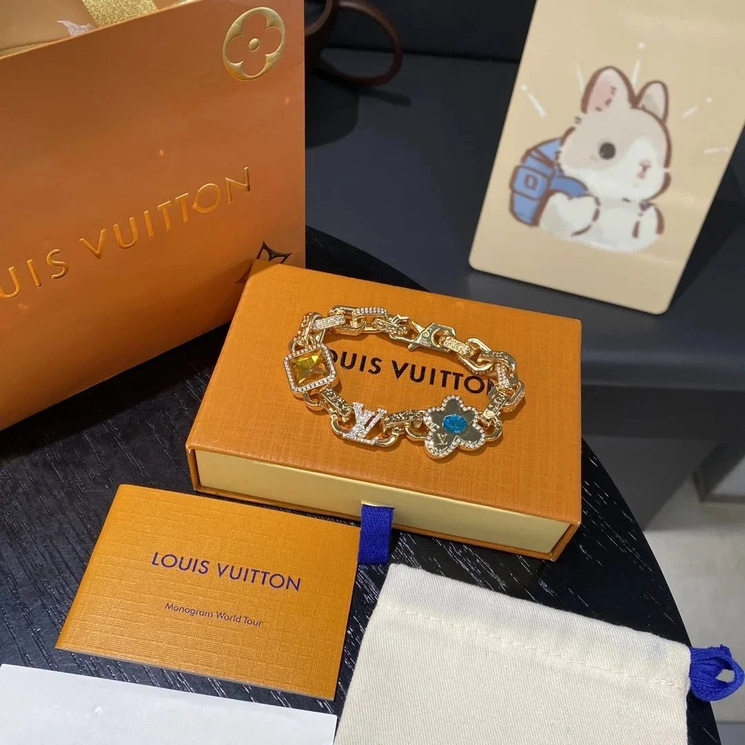 Louis Vuitton Monogram Chain Bracelet Gold Yellow Blue Crystal Bracelet Jewelry - 2