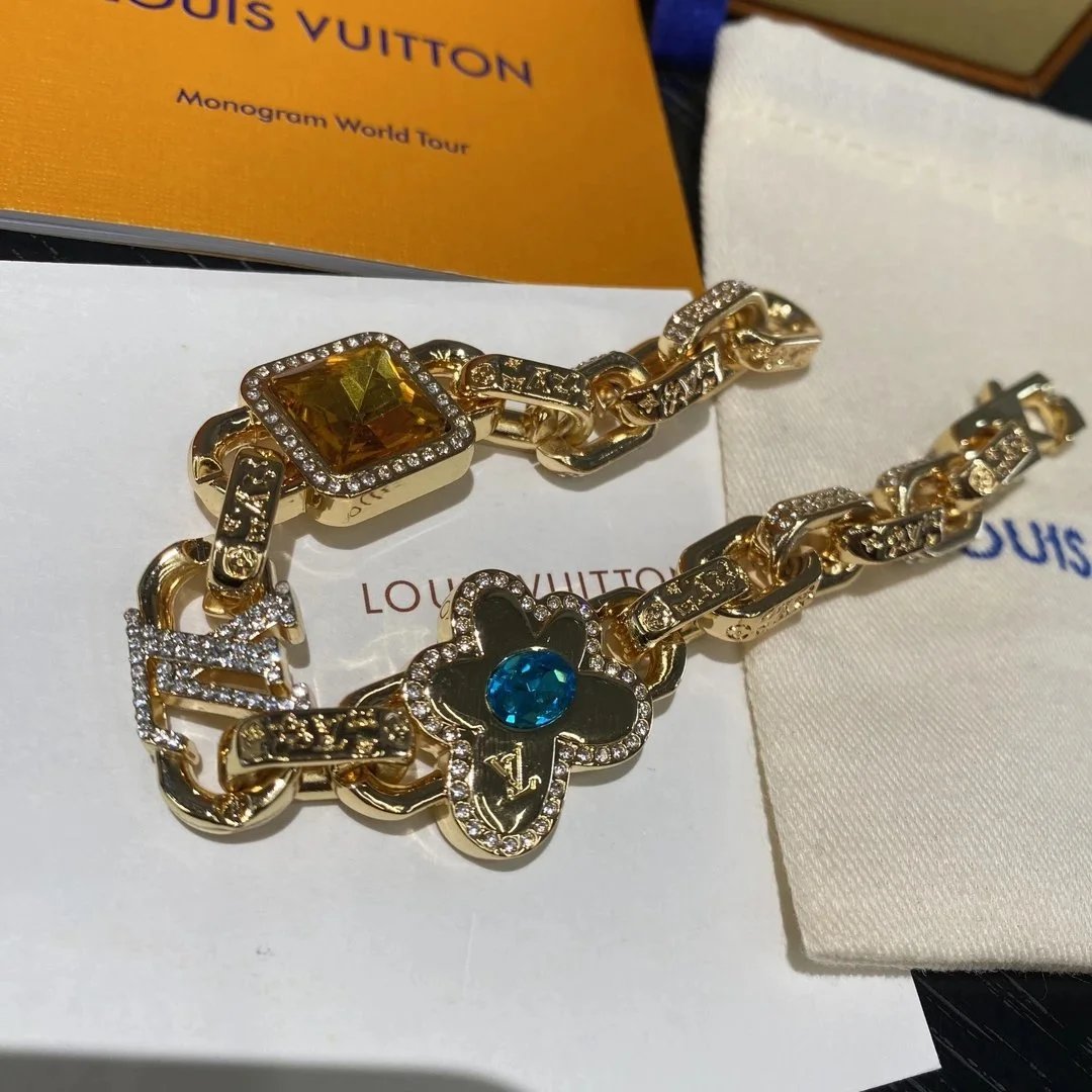 Louis Vuitton Monogram Chain Bracelet Gold Yellow Blue Crystal Bracelet Jewelry - 6