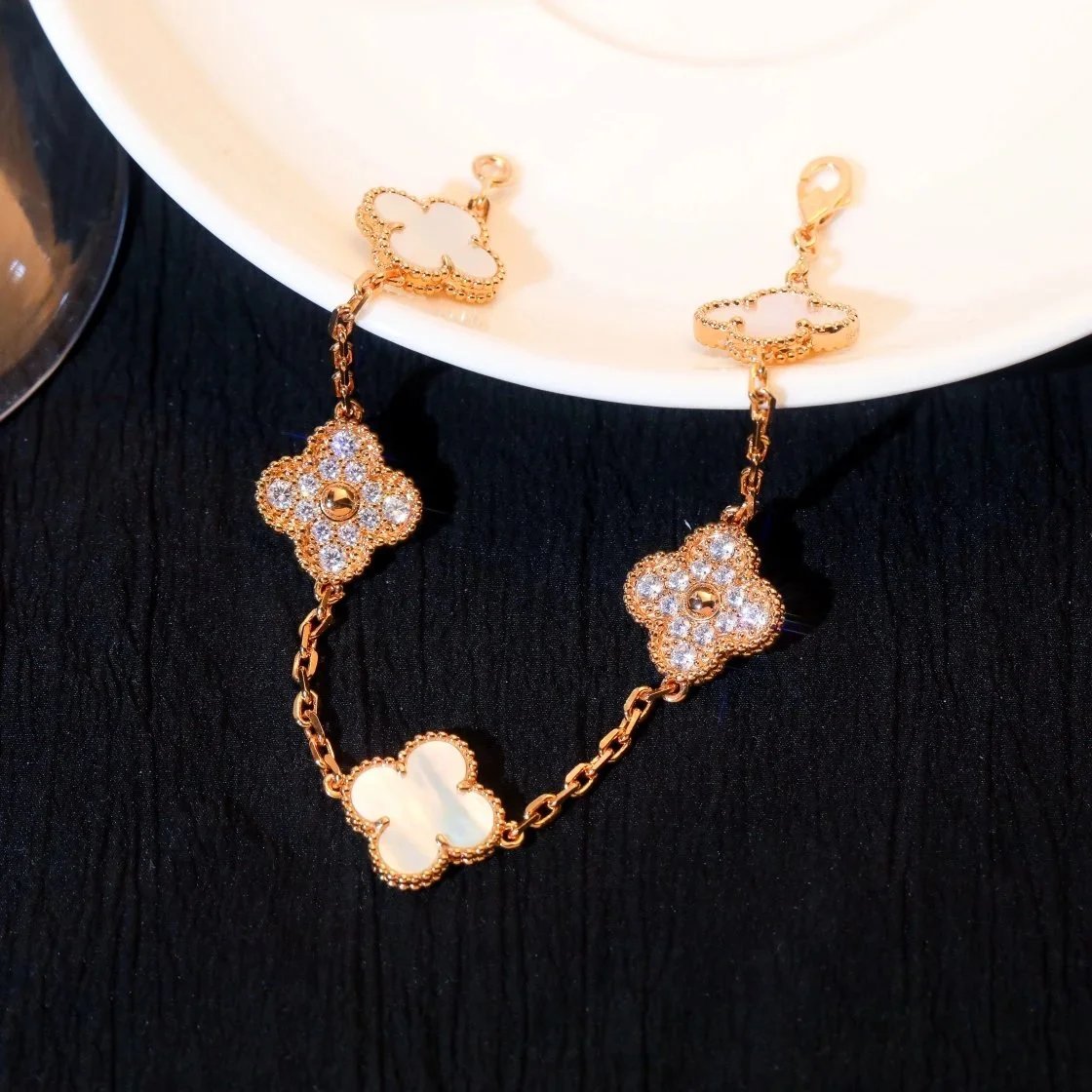 Design Four-Leaf Clover Charm Bracelet Gold-Tone with Mother-of-Pearl and Cubic Zirconia Jewelry - 8